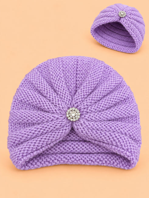 Baby Crochet Knitted Brooch Detail Beanie (Purple)