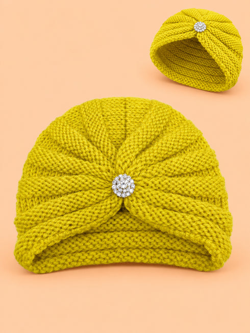 Baby Crochet Knitted Brooch Detail Beanie (Yellow)