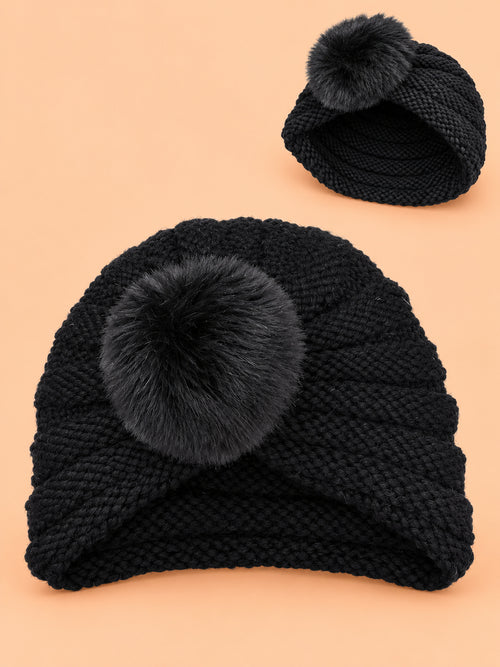 Baby Crochet Knitted Plush Ball Beanie (Black)