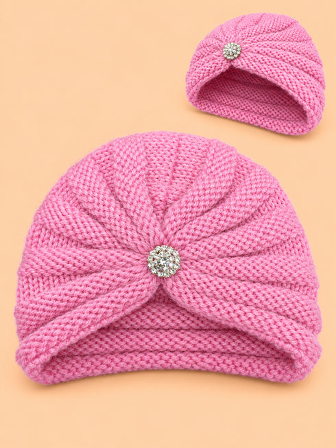 Baby Crochet Knitted Brooch Detail Beanie (Baby Pink)