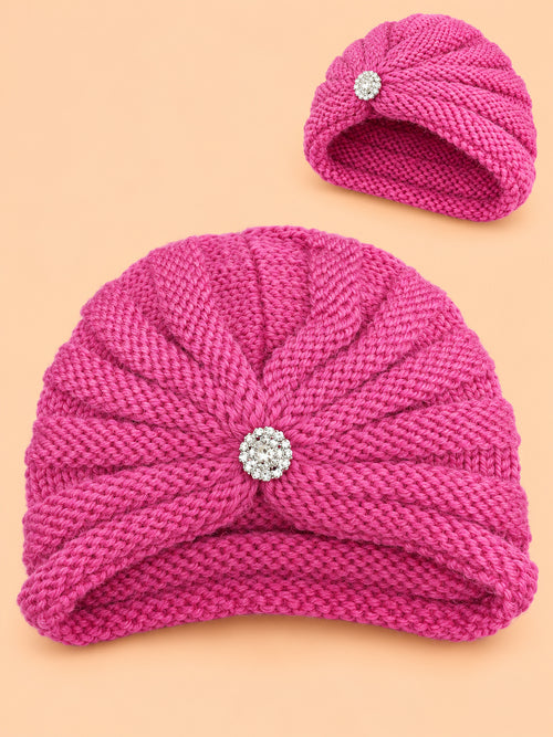 Baby Crochet Knitted Brooch Detail Beanie (Fuchsia Pink)
