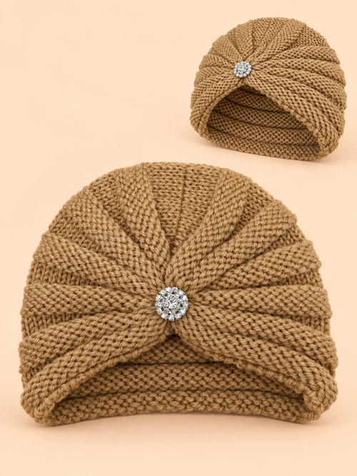 Baby Crochet Knitted Brooch Detail Beanie (Brown)