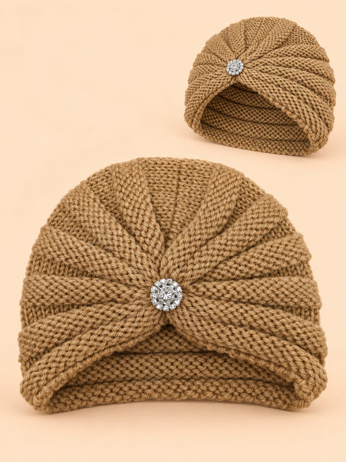Baby Crochet Knitted Brooch Detail Beanie (Brown)