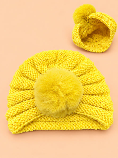 Baby Crochet Knitted Plush Ball Beanie (Yellow)