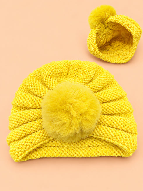Baby Crochet Knitted Plush Ball Beanie (Yellow)