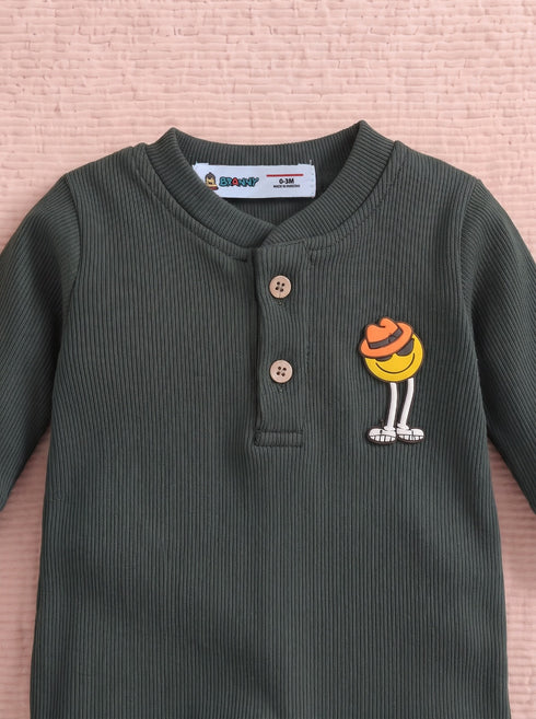 Playful Ribbed Henley Sleepsuit (Dark Green)