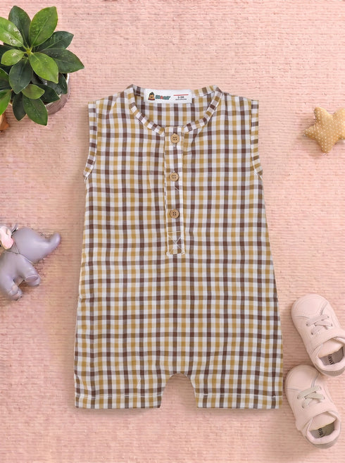 Mustard Brown Plaid Henley Romper