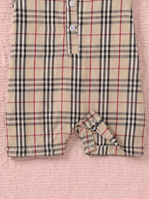 Beige Plaid Henley Romper