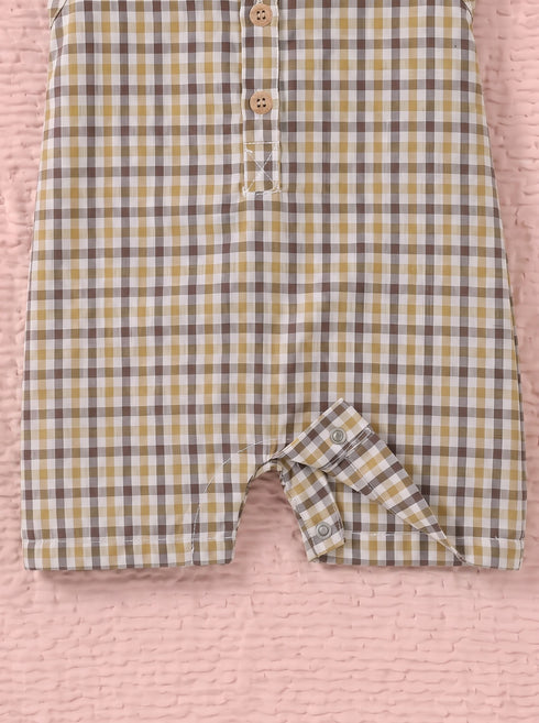 Mustard Brown Plaid Henley Romper
