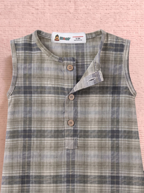 Olive Green Plaid Henley Romper