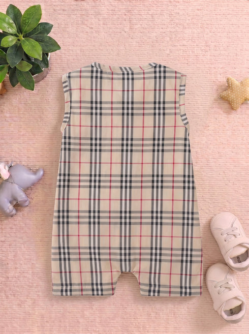 Beige Plaid Henley Romper