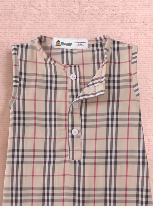 Beige Plaid Henley Romper