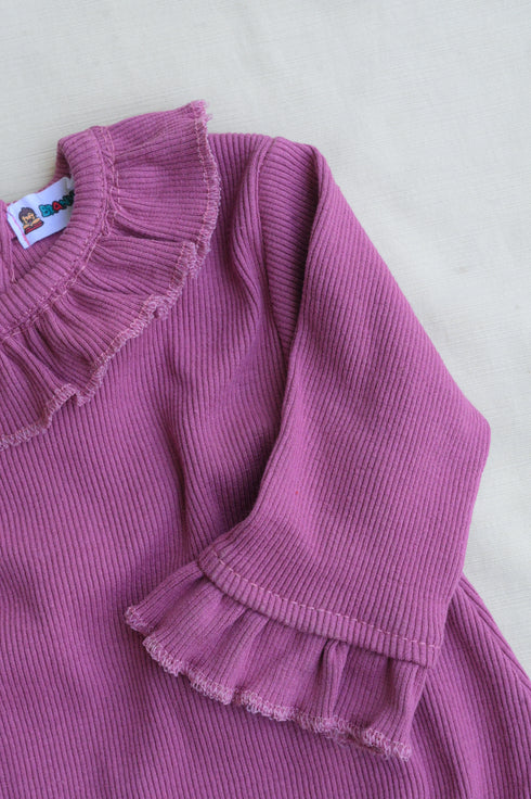 Magenta Frilled Ribbed Sleepsuit