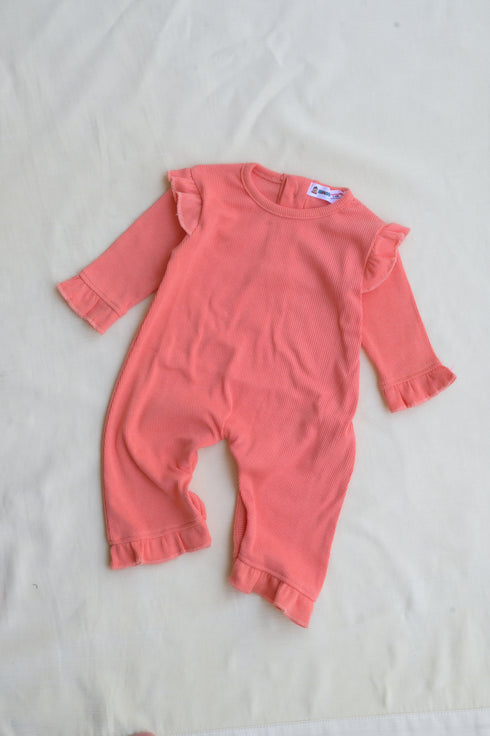 Medium Pink Frilled Ribbed Sleepsuit
