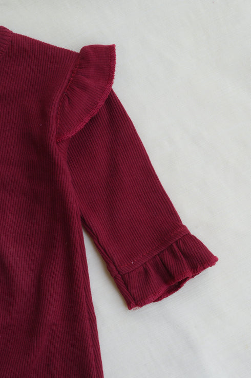 Burgundy Frilled Ribbed Sleepsuit