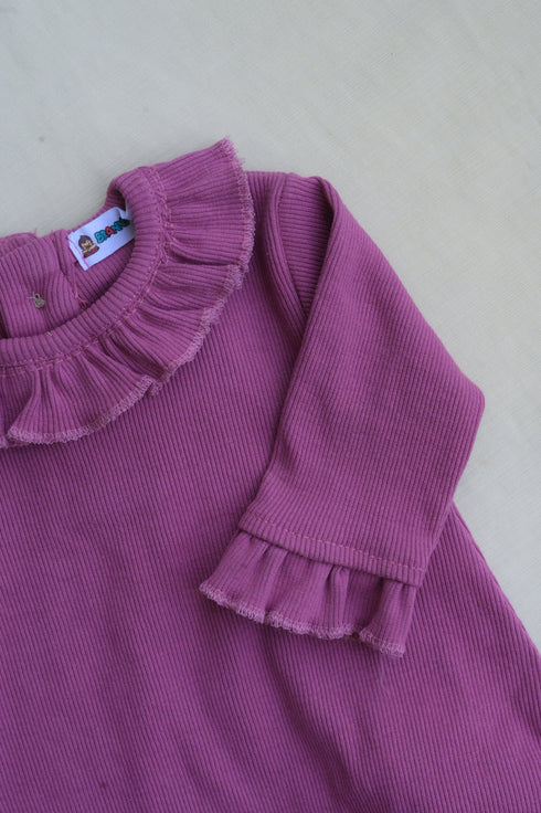 Magenta Frilled Ribbed Sleepsuit