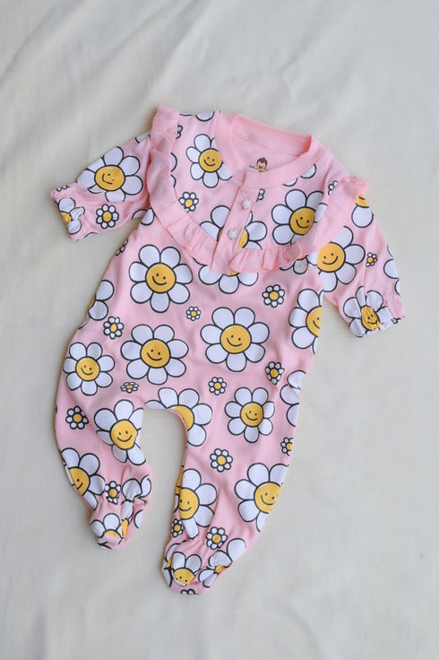 Smiley Daisy Frill Buttoned Interlock Sleepsuit