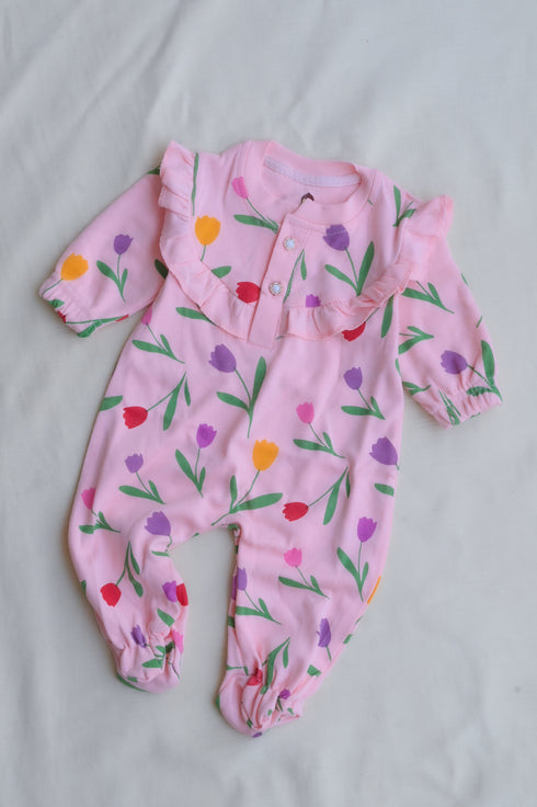 Tulip Garden Frill Buttoned Interlock Sleepsuit