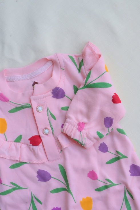 Tulip Garden Frill Buttoned Interlock Sleepsuit