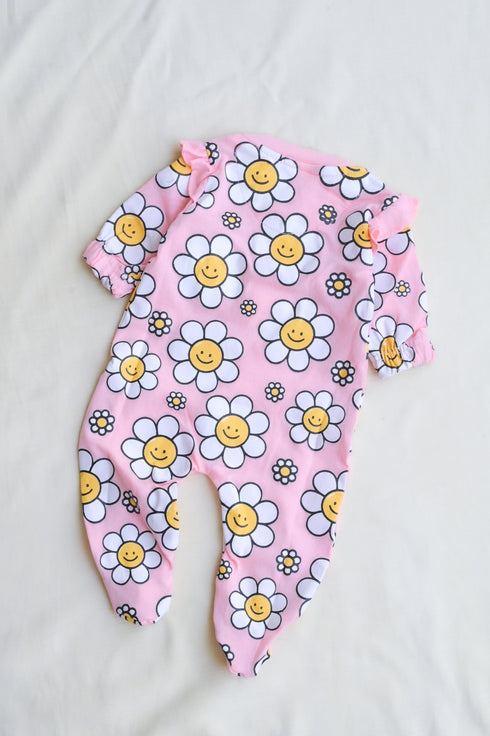 Smiley Daisy Frill Buttoned Interlock Sleepsuit
