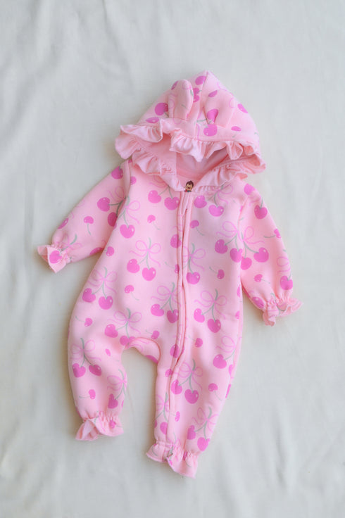 Pink Cherries Frilled Fleece Hooded Sleepsuit