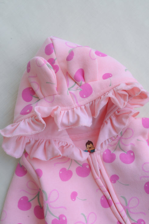 Pink Cherries Frilled Fleece Hooded Sleepsuit