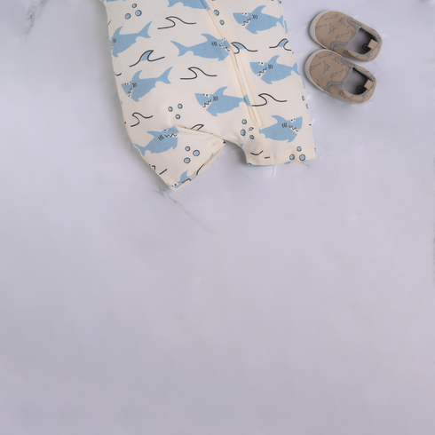 Cream Shark Printed Zip-Up Romper