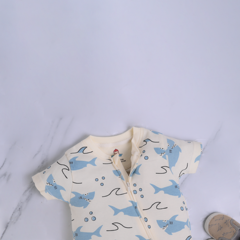 Cream Shark Printed Zip-Up Romper