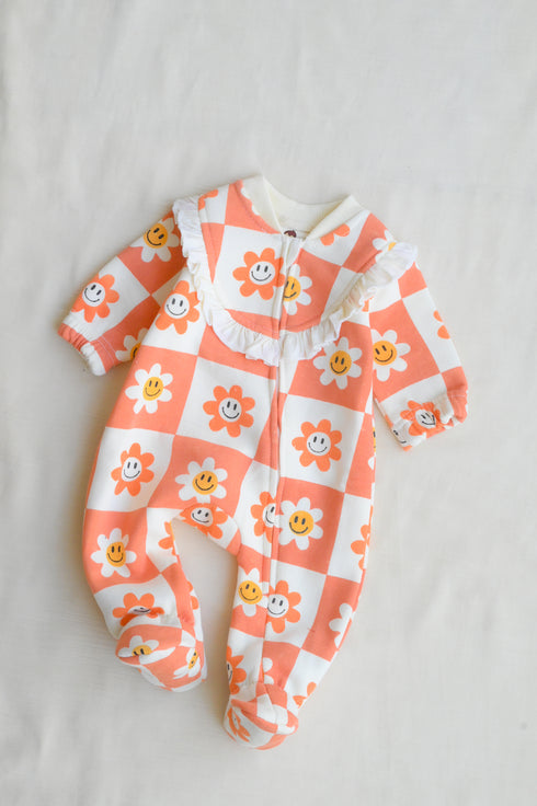 Sunny Checks Frilled Zipper Fleece Footed Sleepsuit