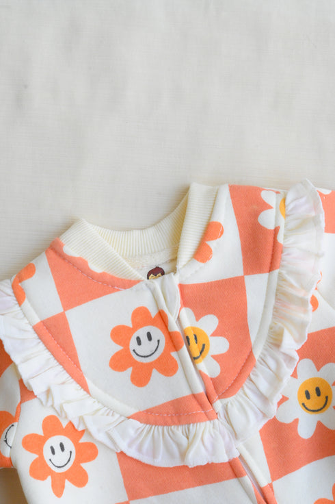 Sunny Checks Frilled Zipper Fleece Footed Sleepsuit