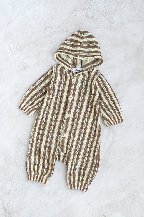 Striped Crochet Knit Hooded Sleepsuit