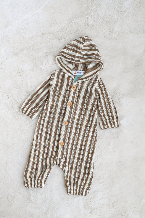 Striped Crochet Knit Hooded Sleepsuit