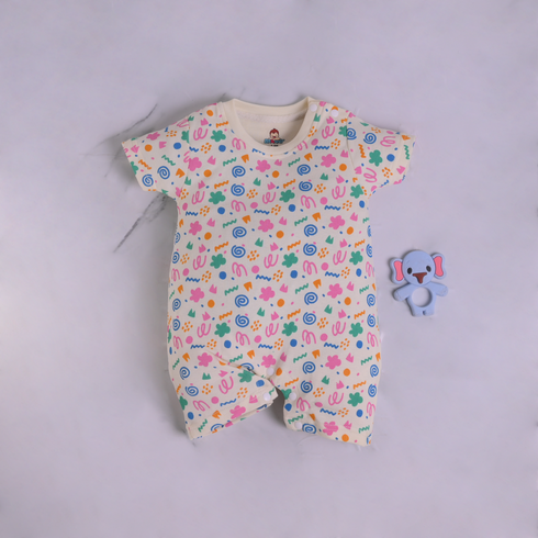 Cream Abstract Printed Buttoned Romper