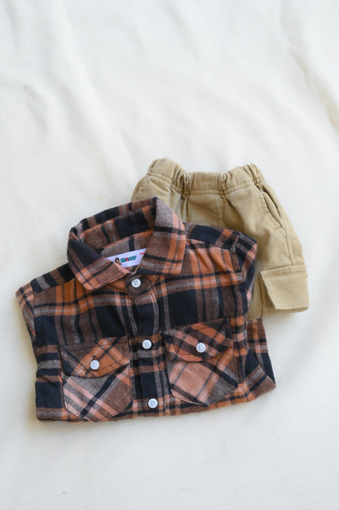 Plaid Flannel Shirt & Twill Cargo Pants Set