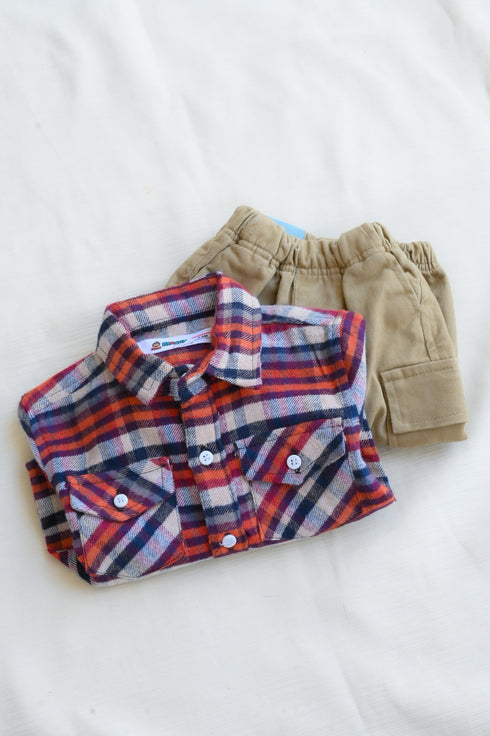 Plaid Flannel Shirt & Twill Cargo Pants Set