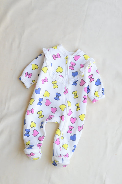 Hearts & Bows Frilled Zipper Fleece Footed Sleepsuit