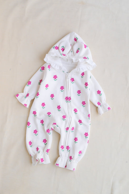 Tiny Florals Frilled Fleece Hooded Sleepsuit