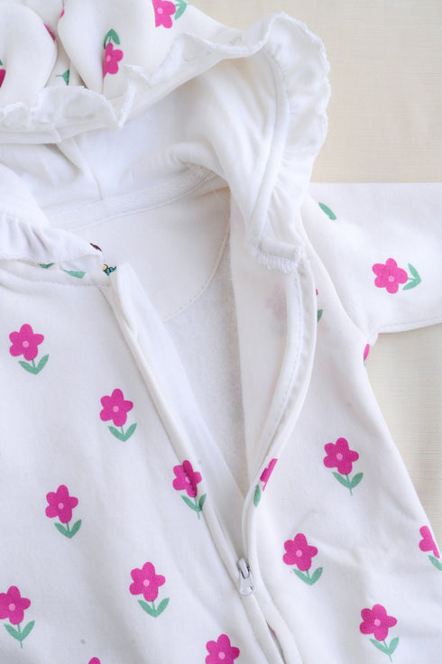Tiny Florals Frilled Fleece Hooded Sleepsuit