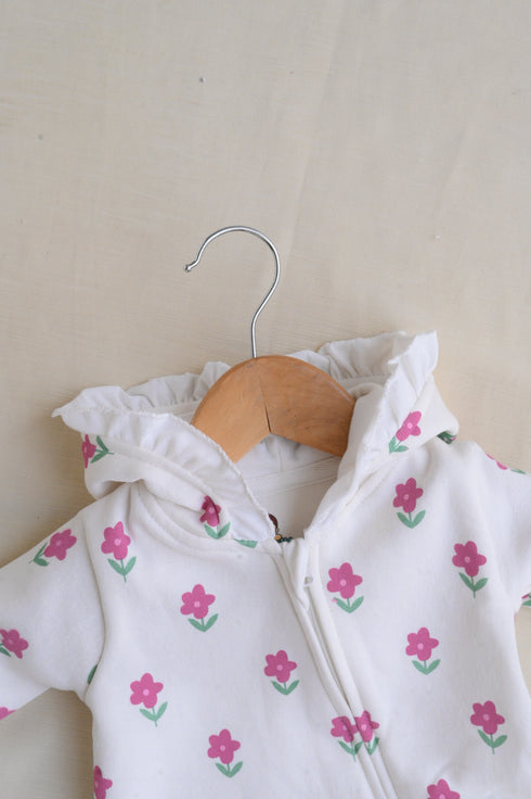 Tiny Florals Frilled Fleece Hooded Sleepsuit