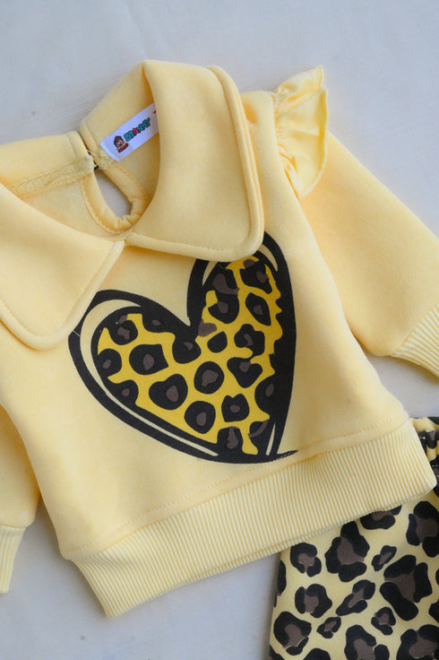 Leopard Printed Frilled Fleece Sweatshirt Set