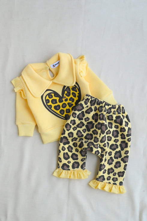 Leopard Printed Frilled Fleece Sweatshirt Set