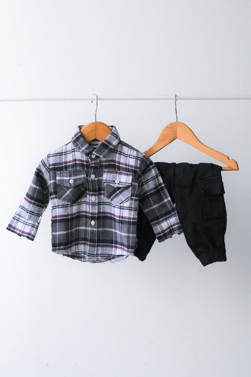 Plaid Flannel Shirt & Twill Cargo Pants Set