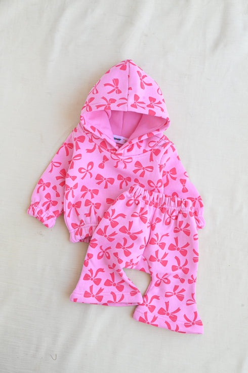 Pink Bow Fleece Hooded Set