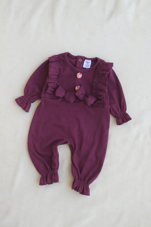 Maroon Ruffle Bow Ribbed Sleepsuit