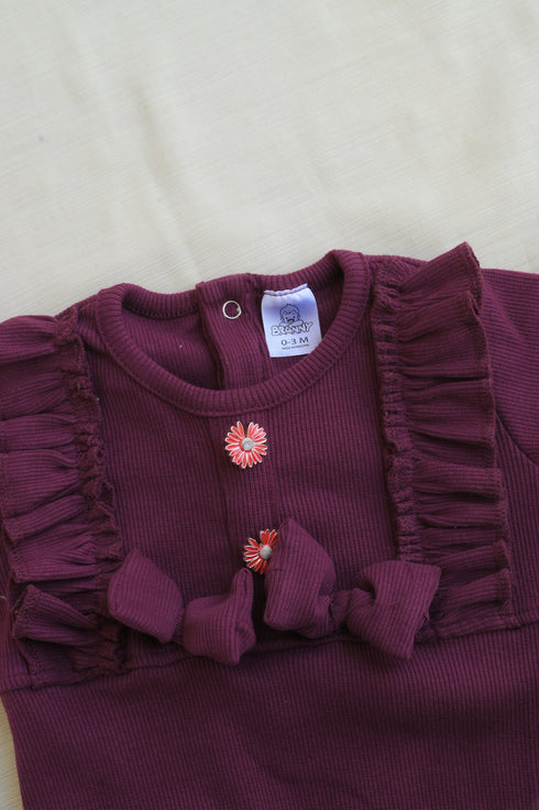 Maroon Ruffle Bow Ribbed Sleepsuit