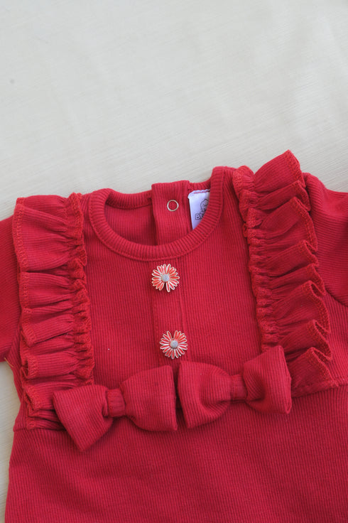 Red Ruffle Bow Ribbed Sleepsuit