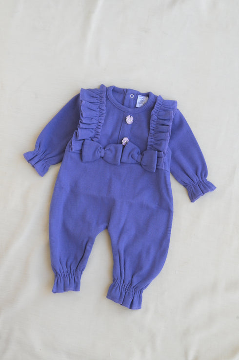 Purple Ruffle Bow Ribbed Sleepsuit