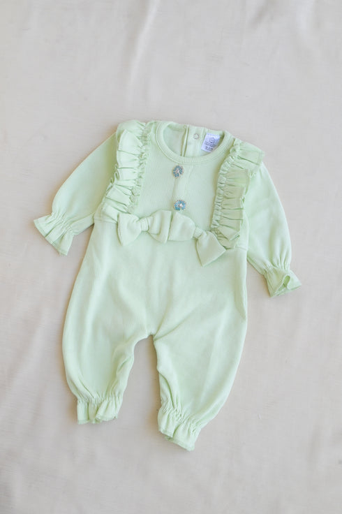 Green Ruffle Bow Ribbed Sleepsuit