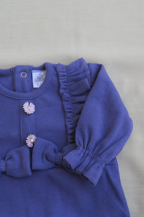 Purple Ruffle Bow Ribbed Sleepsuit