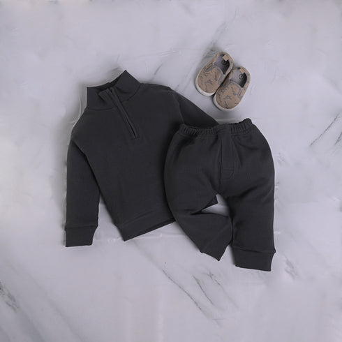 Ribbed High Neck Set (Dark Grey)